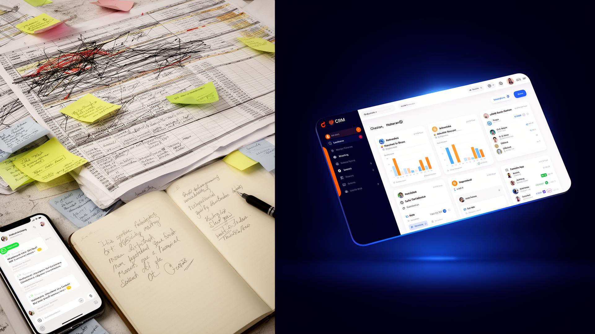 Antes: planilhas e cadernos desorganizados. Depois: painel limpo de mini sistema personalizado.