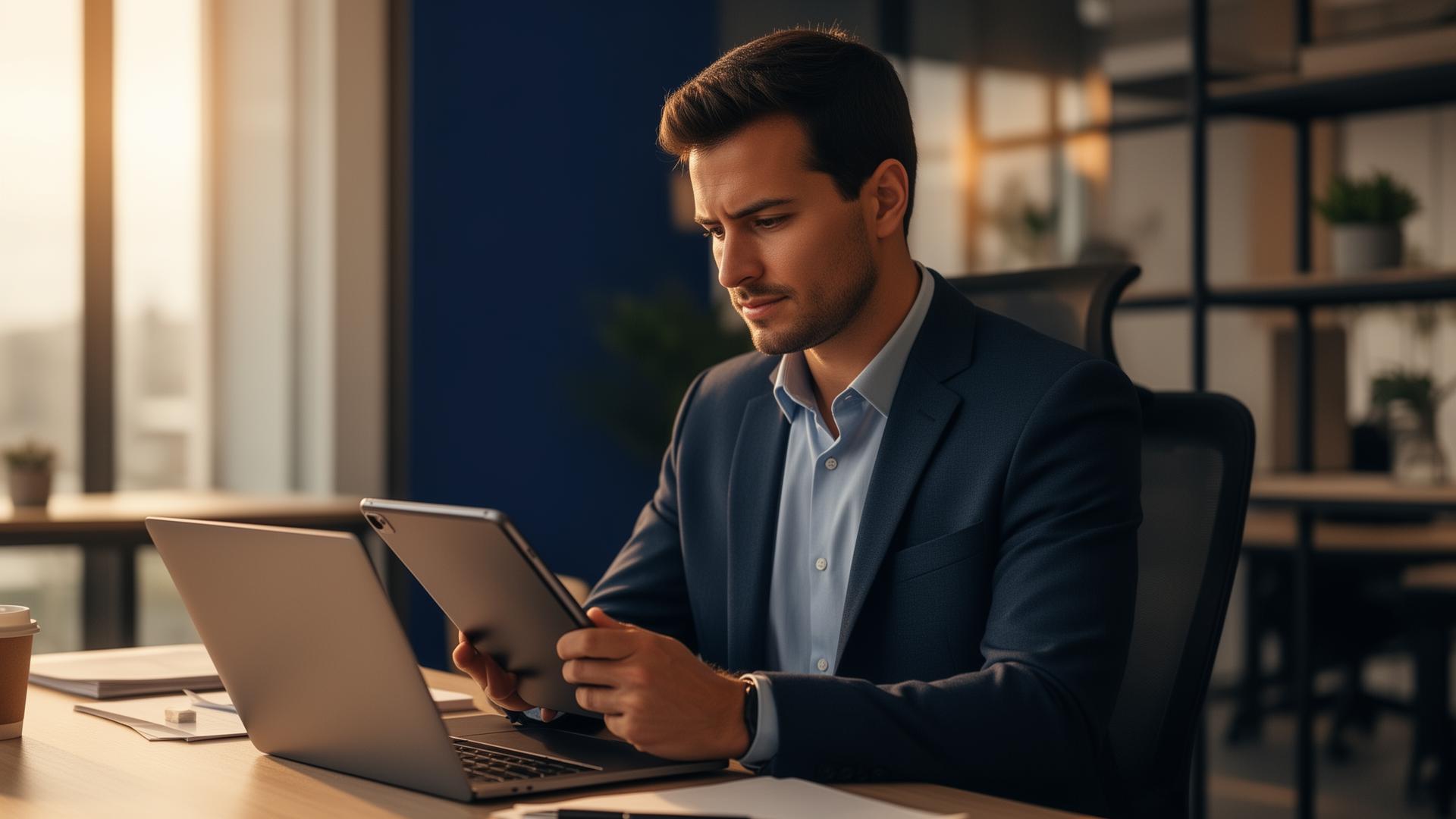 Empreendedor usando tablet e notebook