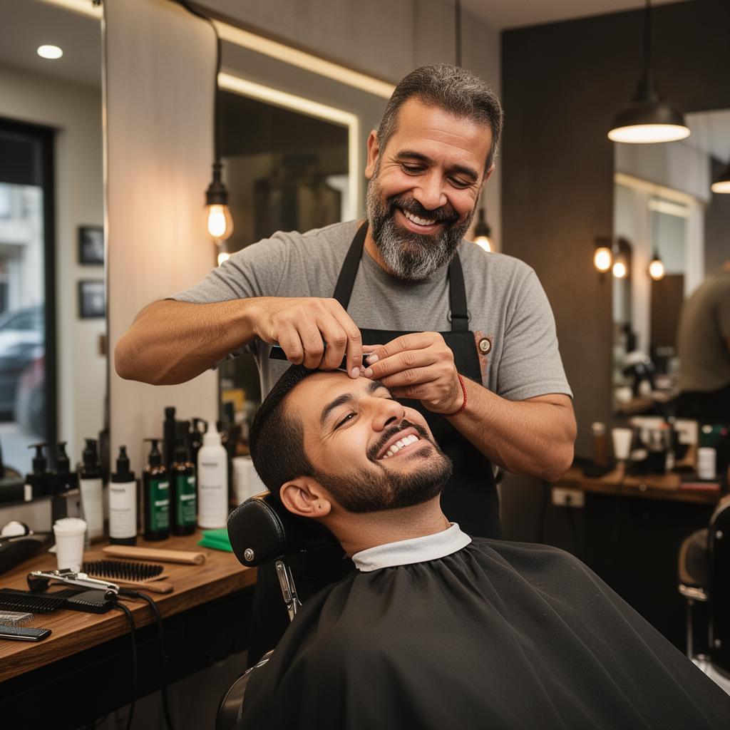 Barbeiro atendendo cliente em barbearia moderna