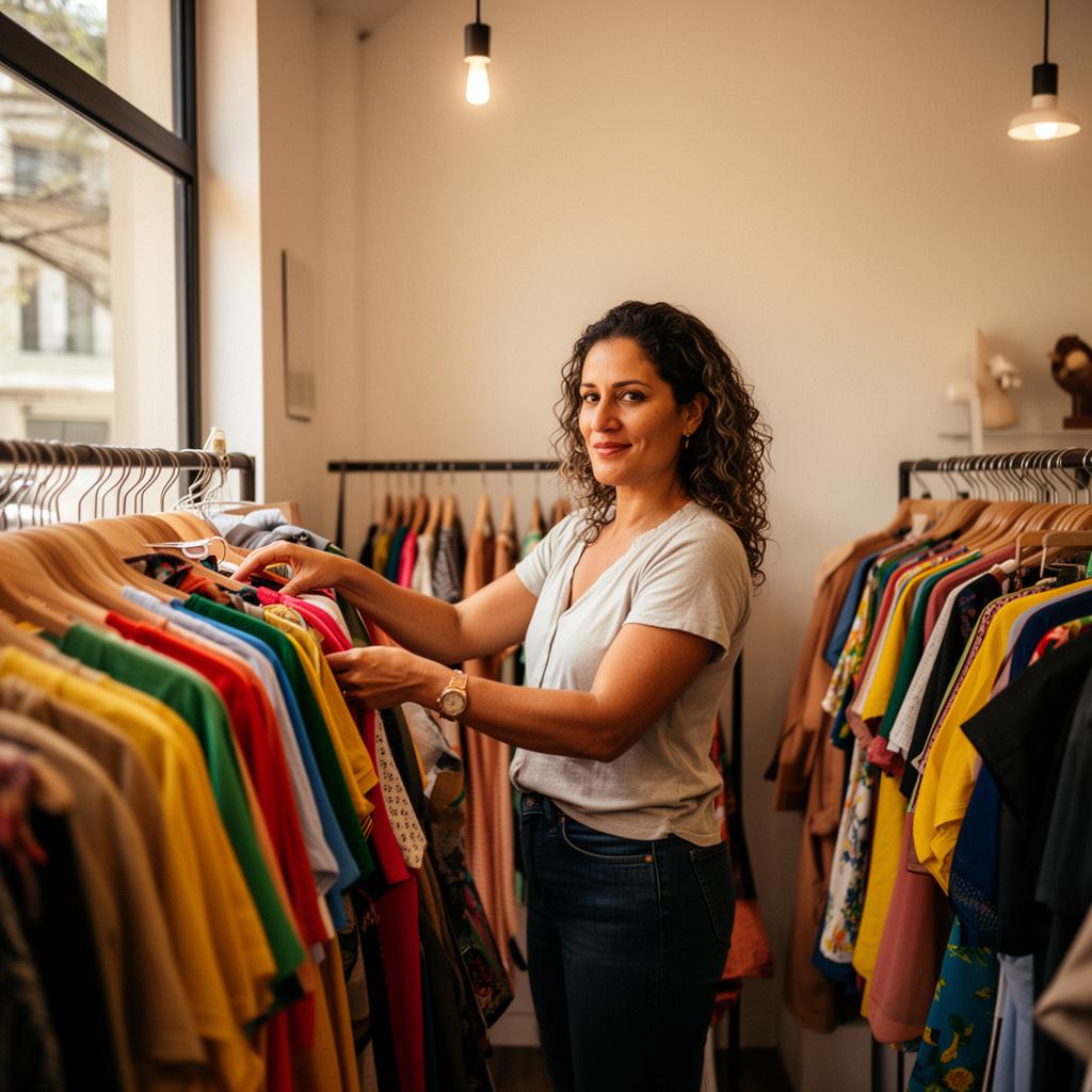 Empreendedora organizando peças em sua loja de roupas