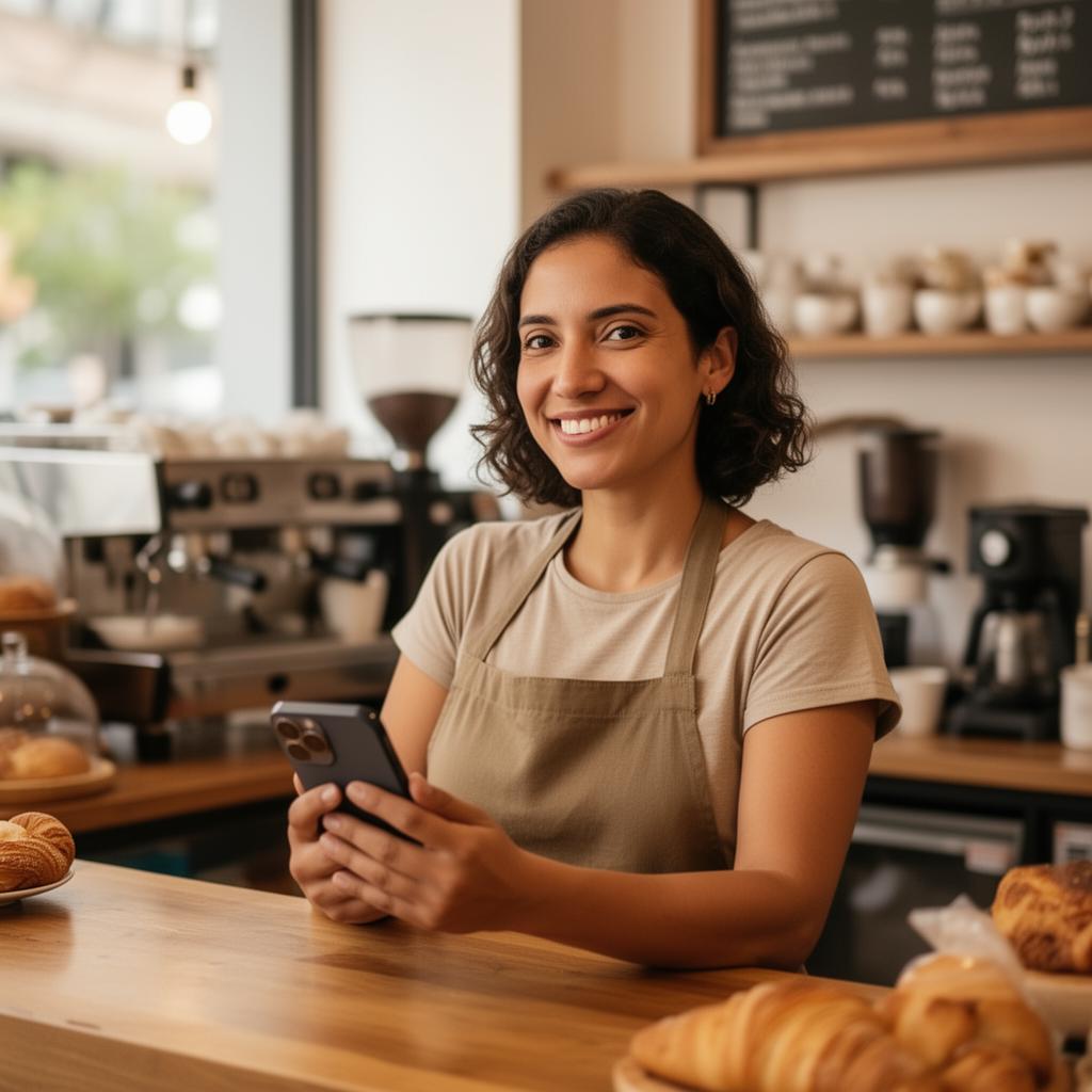 Empreendedora dona de cafeteria sorrindo no balcão