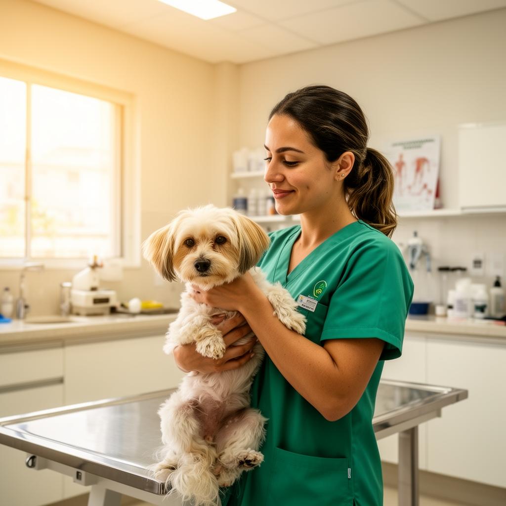 Veterinária atendendo cachorro em sua clínica