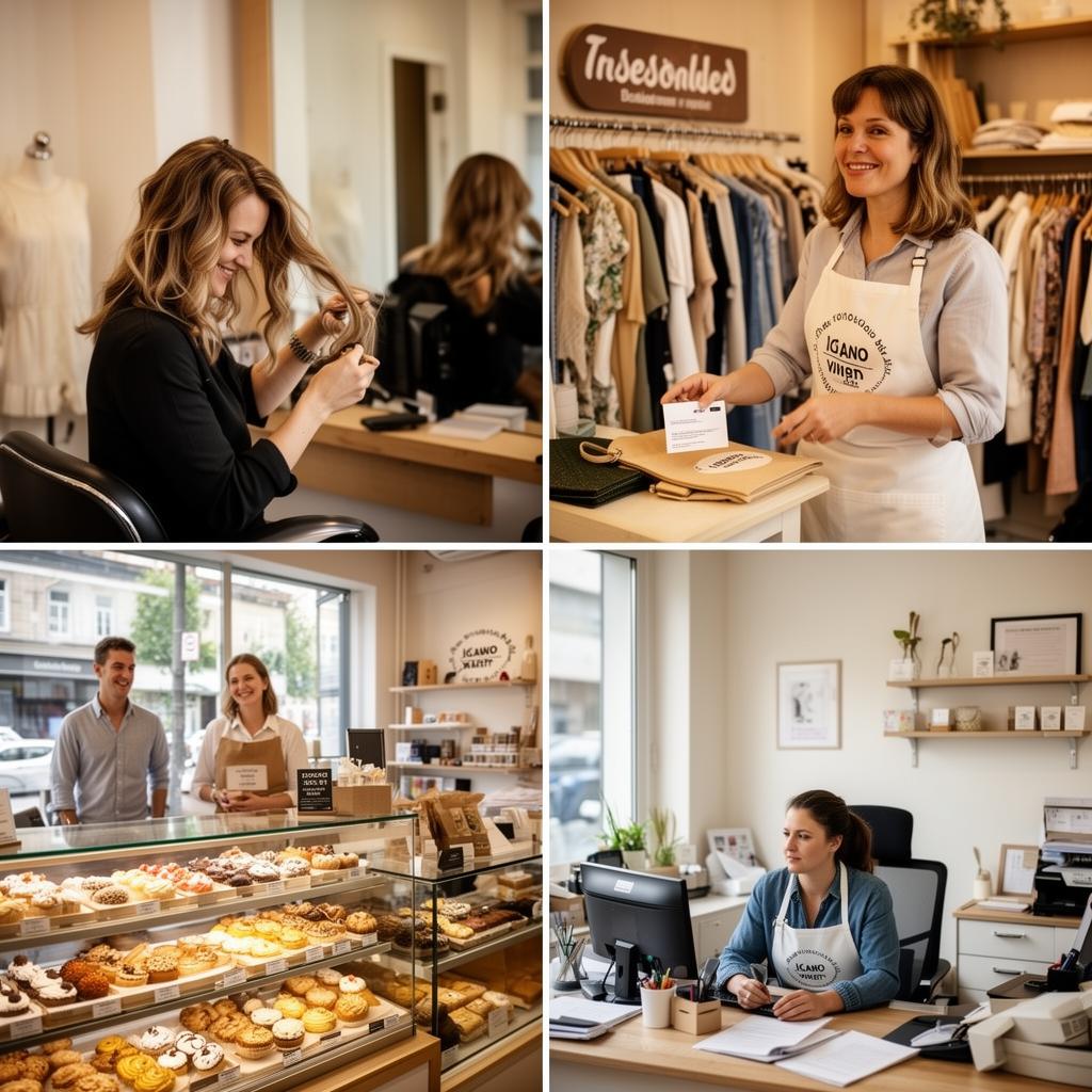 Mosaico de pequenos negócios: salão, boutique, confeitaria e escritório, com marcas aplicadas