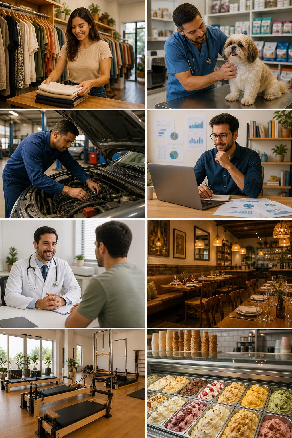 Mosaico com oito tipos de negócio: loja de roupas, veterinária, oficina mecânica, assessor de investimentos autônomo, médico, restaurante, academia/pilates e sorveteria