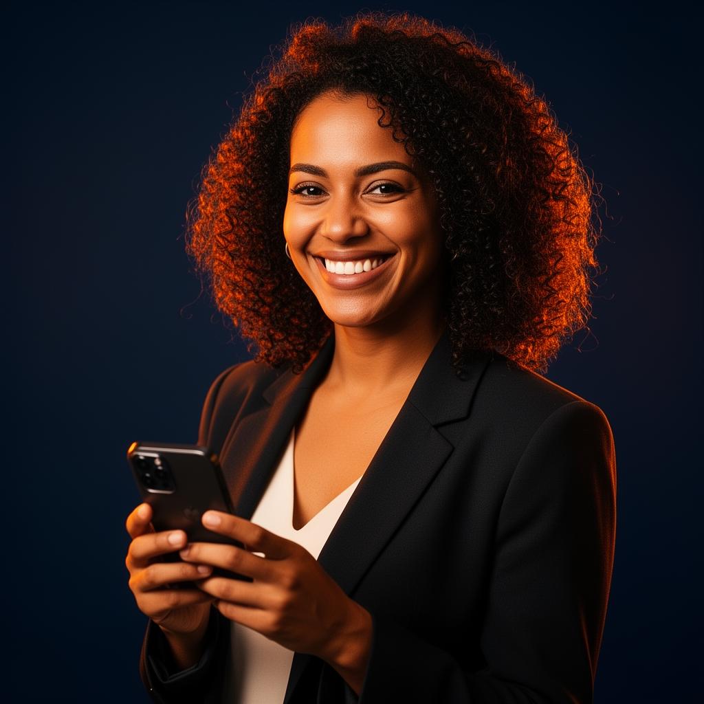 Empreendedora sorrindo com smartphone — indicando a Banderas