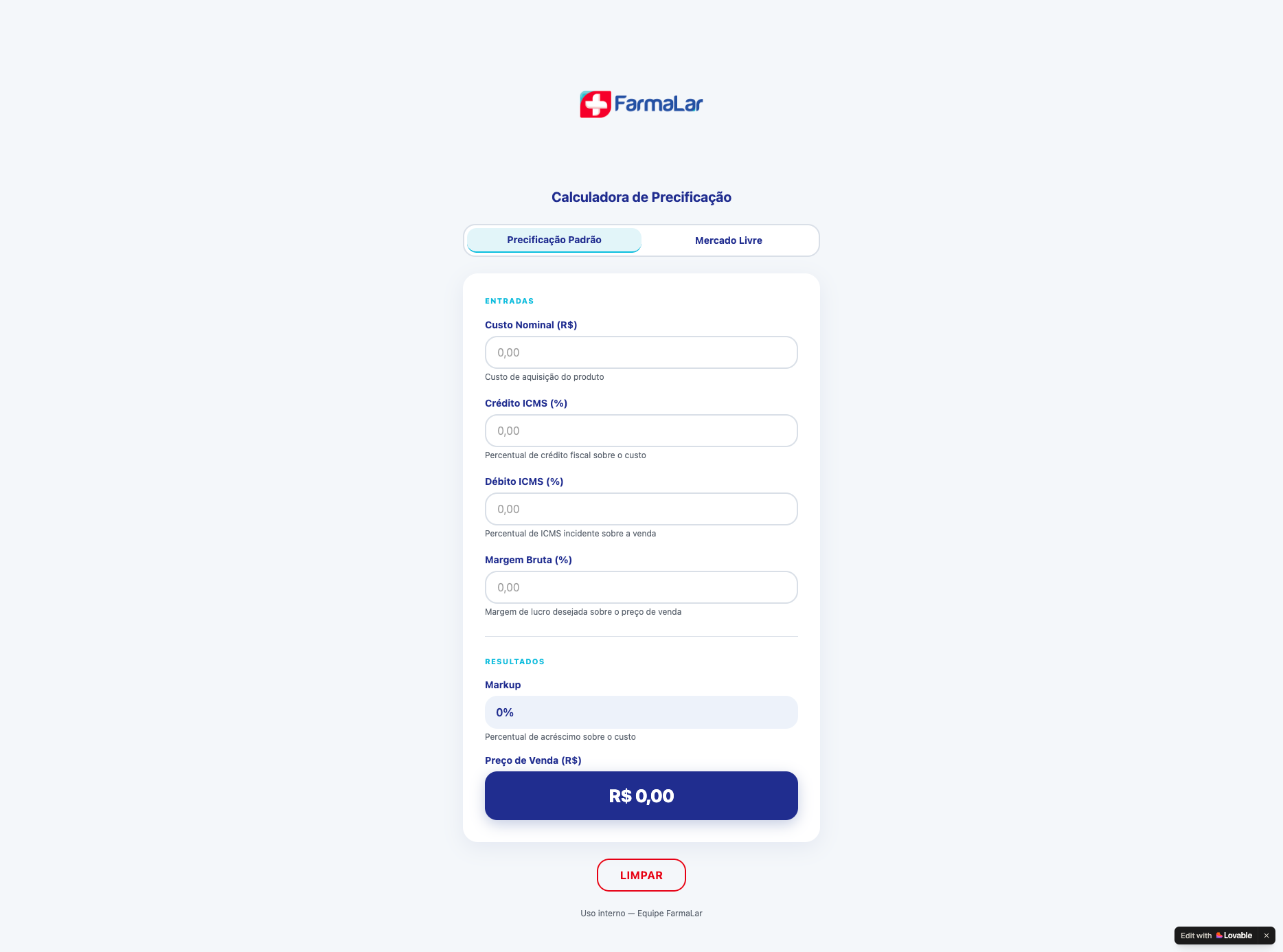Mockup Calculadora de Precificação