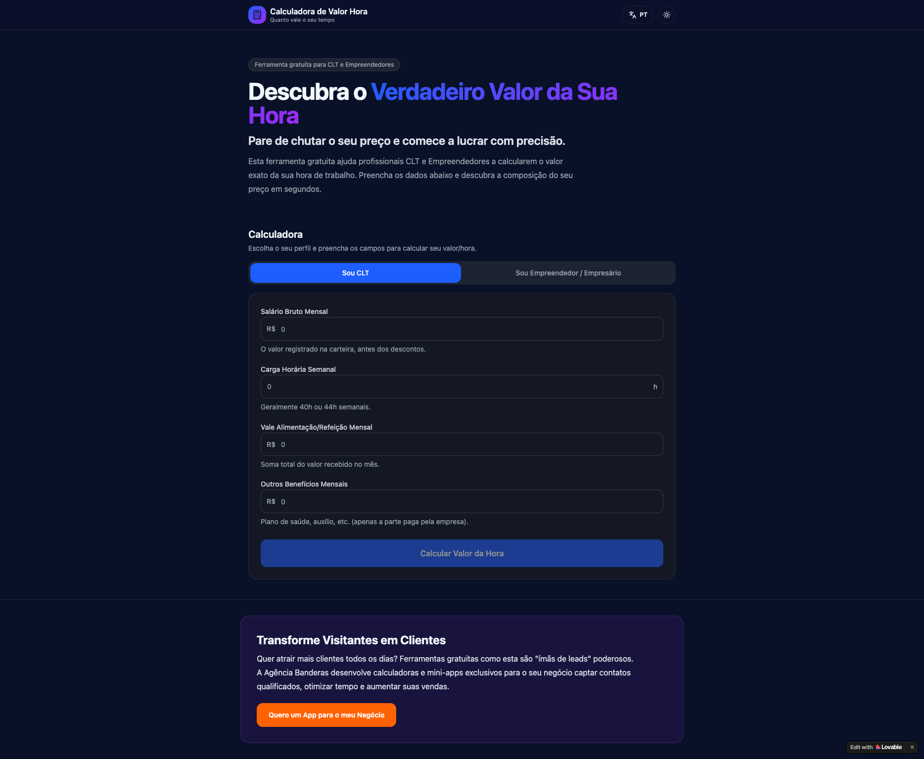 Mockup Calculadora do Valor da Hora