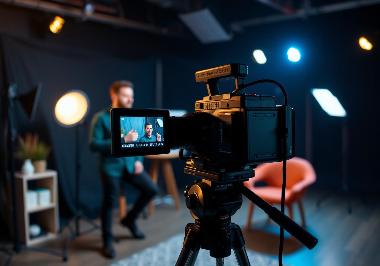 Set de produção audiovisual com câmera e iluminação profissional