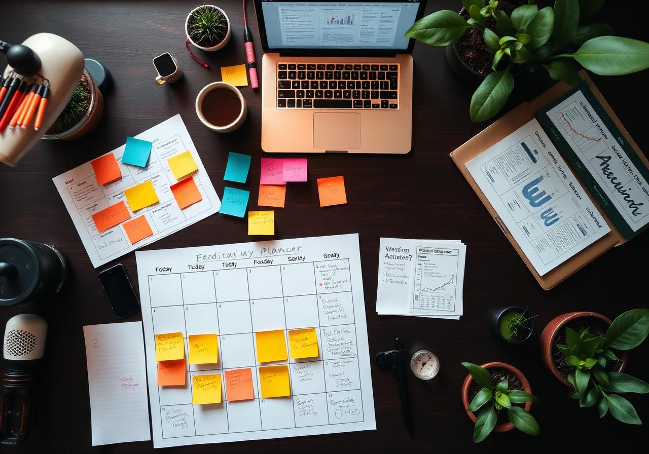 Mesa de trabalho com calendário editorial, anotações e estratégia de conteúdo