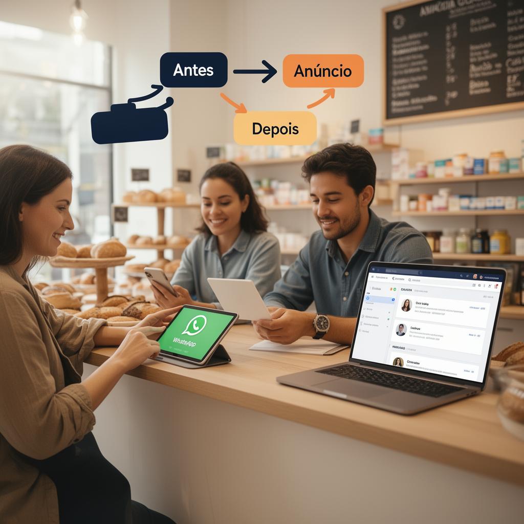 Equipe atendendo no WhatsApp e revisando CRM com leads