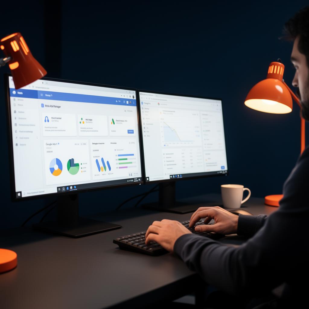 Gestor de tráfego trabalhando com Meta Ads Manager e Google Ads em dois monitores