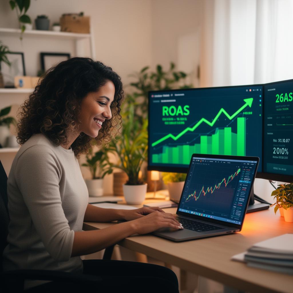 Empreendedora analisando gráfico de ROAS positivo no notebook
